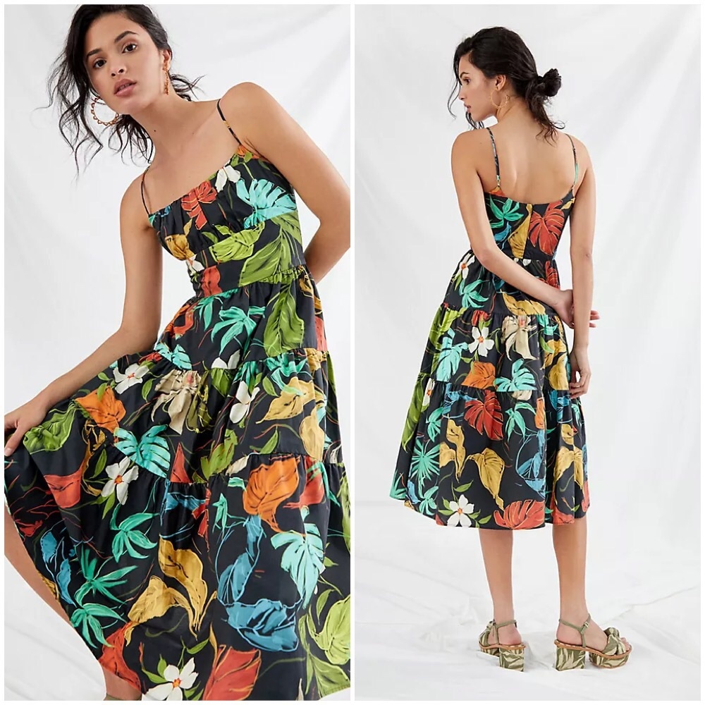 RARE NWT ANTHROPOLOGIE DELFI BOTANICAL PALMS TIERED MIDI DRESS - Picture 5 of 9
